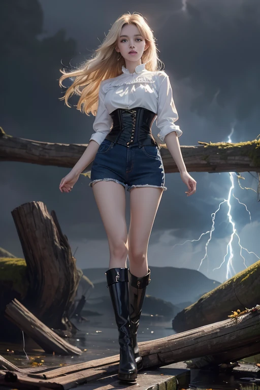 Modern anime-style digital painting of a 25-year-old female teacher in a frontal view and action pose during an autumn day, soaked by rain with dramatic lightning in the background. She is 165 cm tall, with measurements of 91-61-81 cm, and has waist-length, wavy blond hair with V bangs and bright blue eyes. Emitting a golden aura, she stands dynamically with one leg raised on a fallen log. She wears a ruffled white blouse, a black corset, skinny tight blue jeans, and high black boots, all drenched by the rain. The scene is set against rich autumn foliage and vivid lightning, enhancing the intense and mystical atmosphere.