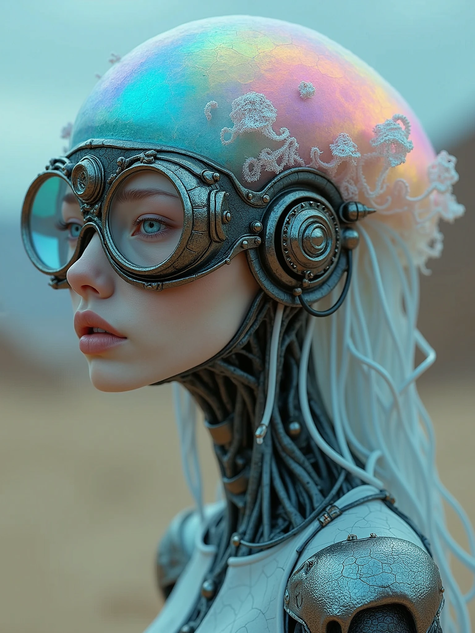 Ethereal cyborg man, bioluminescent jellyfish headdress. Steampunk goggles blend with translucent tentacles. Cracked porcelain skin meets iridescent scales. Mechanical implants and delicate tendrils intertwine. Human features with otherworldly glow. Dreamy aquatic hues contrast weathered metal. Reflective eyes capture unseen worlds. Soft bioluminescence meets harsh desert backdrop. Fusion of organic and synthetic, ancient and futuristic. Hyper-detailed textures, surreal atmosphere