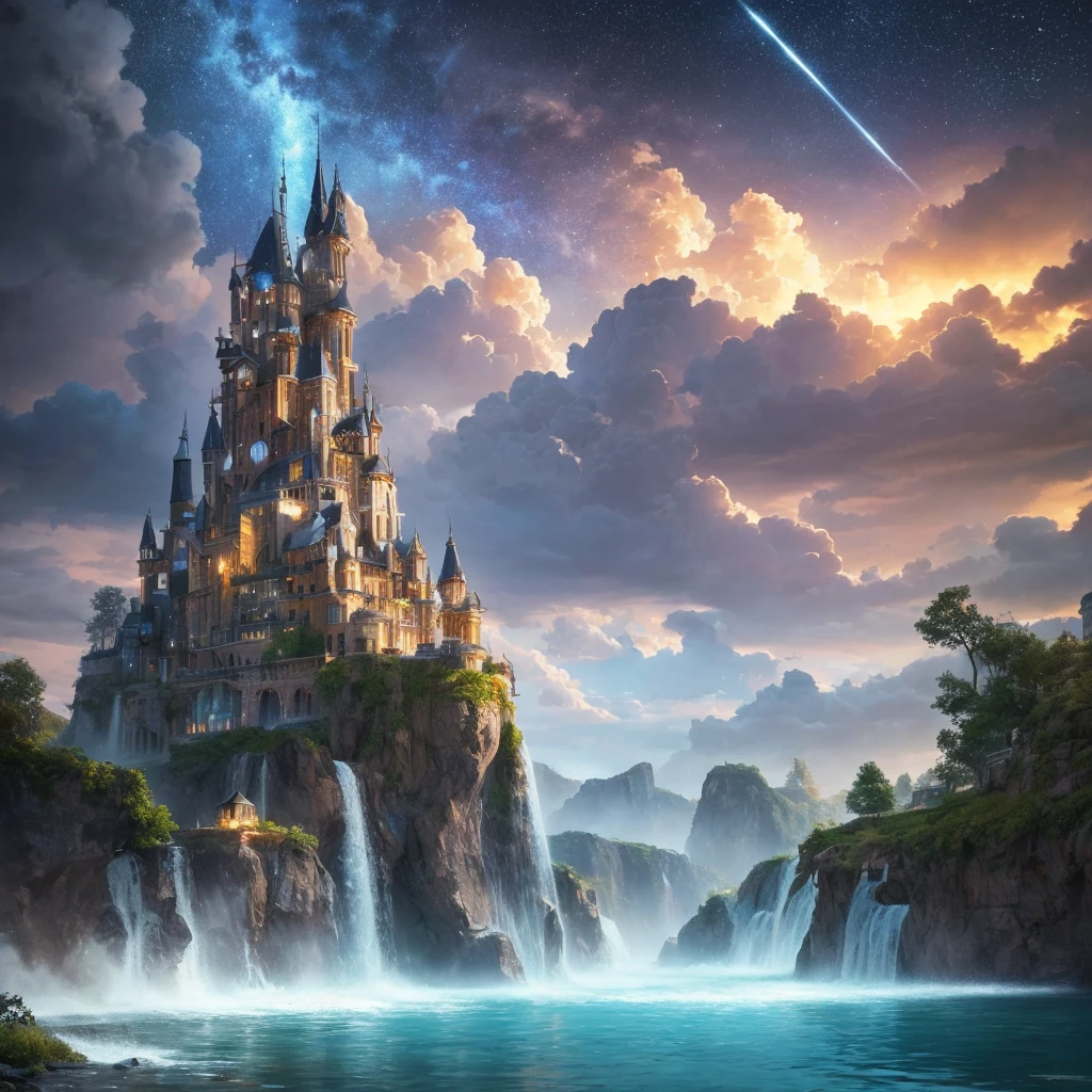 (8k, highest quality, masterpiece, final fantasy style: 1.2), (unRealistic, photoRealistic: 1.37), Dreamy landscape, Fantasy, Unsurreal landscapes, Super detailed, Flying Castle, Floating Island in the Sky, Seven-colored swirl of light, Intense lightning, milky way, Complex Light, Colored light, Large Lake, Starry sky reflected on the lake surface, Countless shining stars, Meteors, Reflections , (A pillar of light emanated from the ground:1,2), roses and orchids gardens , sunset, pink clouds, waterfalls in the sky, realistic style, Hyperrealism drawing, a flying pirate spaceship floating at the clouds level, burning skyscrapers, cyborgs, timeless realms, stunning princess , floating hair, pink lipstick, cute, naked shoulders , casting spell, healing light magic effect, in a magical lagoon of the fairyland, crystal clear water surface reflections, sharp focus, looking at viewer, (close-up:0.9), (bright white theme:1.2), (bright white tone:1.2), (deep blue tone:1.3), realistic, Hyperrealism,