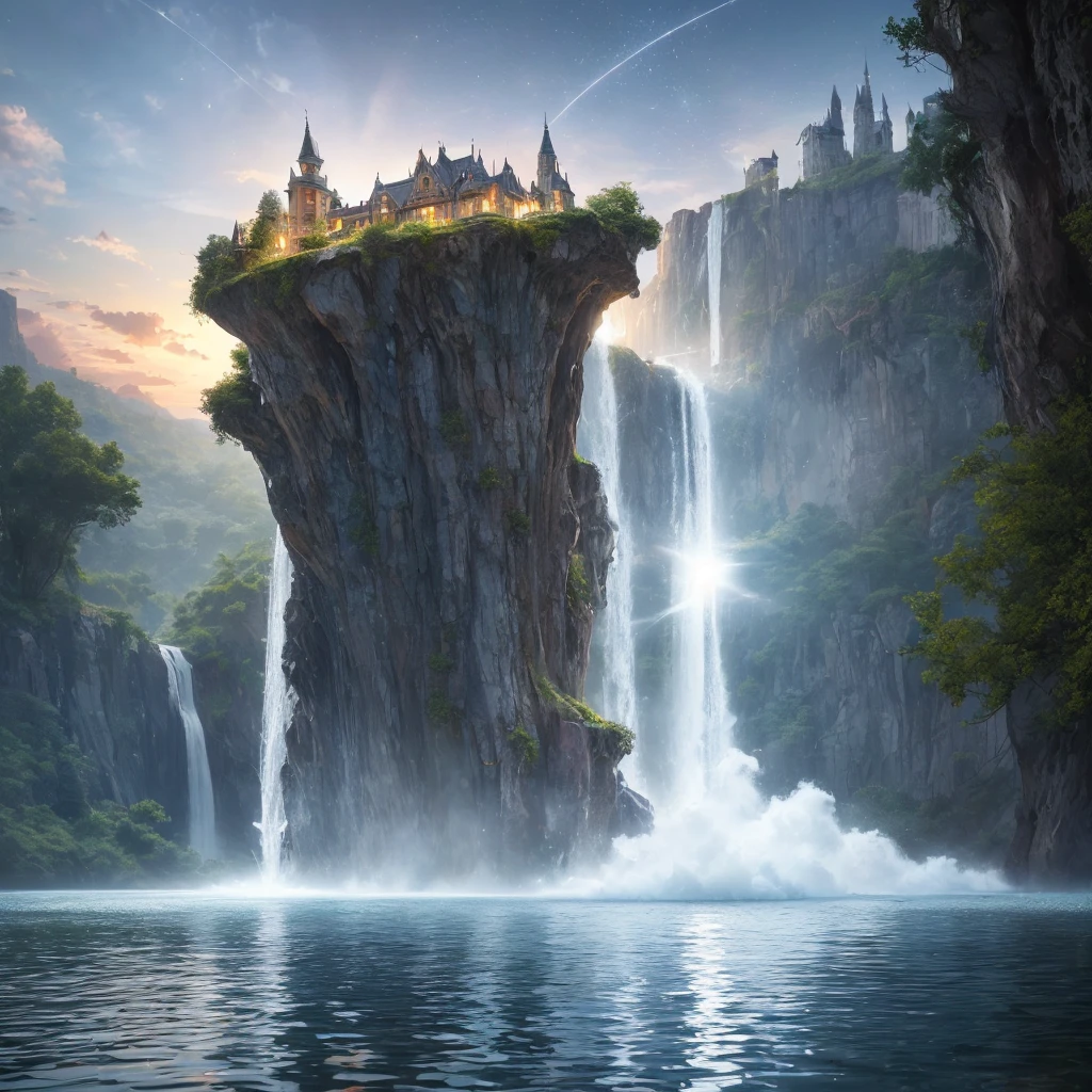 (8k, highest quality, masterpiece, final fantasy style: 1.2), (unRealistic, photoRealistic: 1.37), Dreamy landscape, Fantasy, Unsurreal landscapes, Super detailed, Flying Castle, Floating Island in the Sky, Seven-colored swirl of light, Intense lightning, milky way, Complex Light, Colored light, Large Lake, Starry sky reflected on the lake surface, Countless shining stars, Meteors, Reflections , (A pillar of light emanated from the ground:1,2), roses and orchids gardens , sunset, pink clouds, waterfalls in the sky, realistic style, Hyperrealism drawing, a flying pirate spaceship floating at the clouds level, burning skyscrapers, cyborgs, timeless realms, stunning princess , floating hair, pink lipstick, cute, naked shoulders , casting spell, healing light magic effect, in a magical lagoon of the fairyland, crystal clear water surface reflections, sharp focus, looking at viewer, (close-up:0.9), (bright white theme:1.2), (bright white tone:1.2), (deep blue tone:1.3), realistic, Hyperrealism,