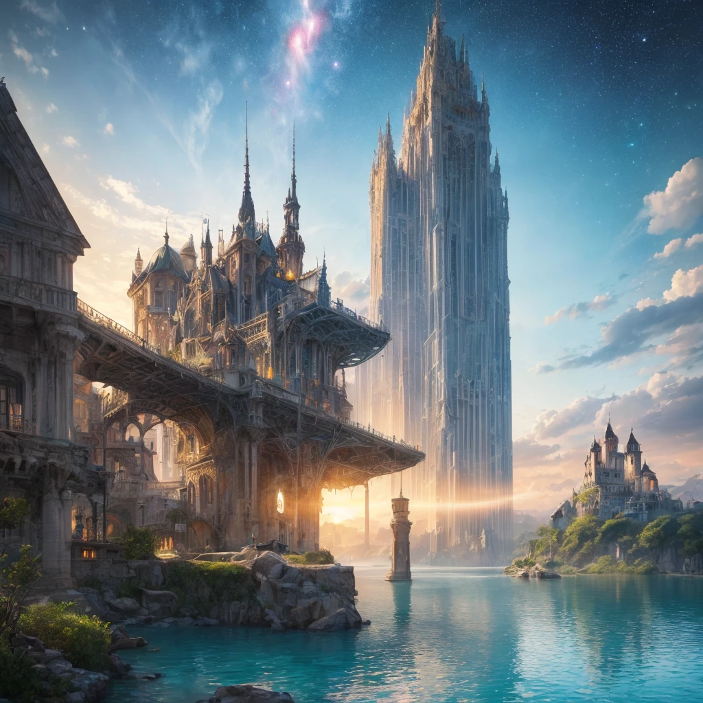 (8k, highest quality, masterpiece, final fantasy style: 1.2), (unRealistic, photoRealistic: 1.37), Dreamy landscape, Fantasy, Unsurreal landscapes, Super detailed, Flying Castle, Floating Island in the Sky, Seven-colored swirl of light, Intense lightning, milky way, Complex Light, Colored light, Large Lake, Starry sky reflected on the lake surface, Countless shining stars, Meteors,  Reflections , (A pillar of light emanated from the ground:1,2), roses and orchids gardens , sunset, pink clouds, waterfalls in the sky, realistic style, Hyperrealism drawing, a flying pirate spaceship floating at the clouds level, burning skyscrapers, cyborgs, timeless realms, stunning  princess  , floating hair, pink lipstick, cute, naked shoulders ,  casting spell, healing light magic effect, in a magical lagoon of the fairyland, crystal clear water surface reflections, sharp focus, looking at viewer, (close-up:0.9), (bright white theme:1.2), (bright white tone:1.2), (deep blue tone:1.3), realistic, Hyperrealism,