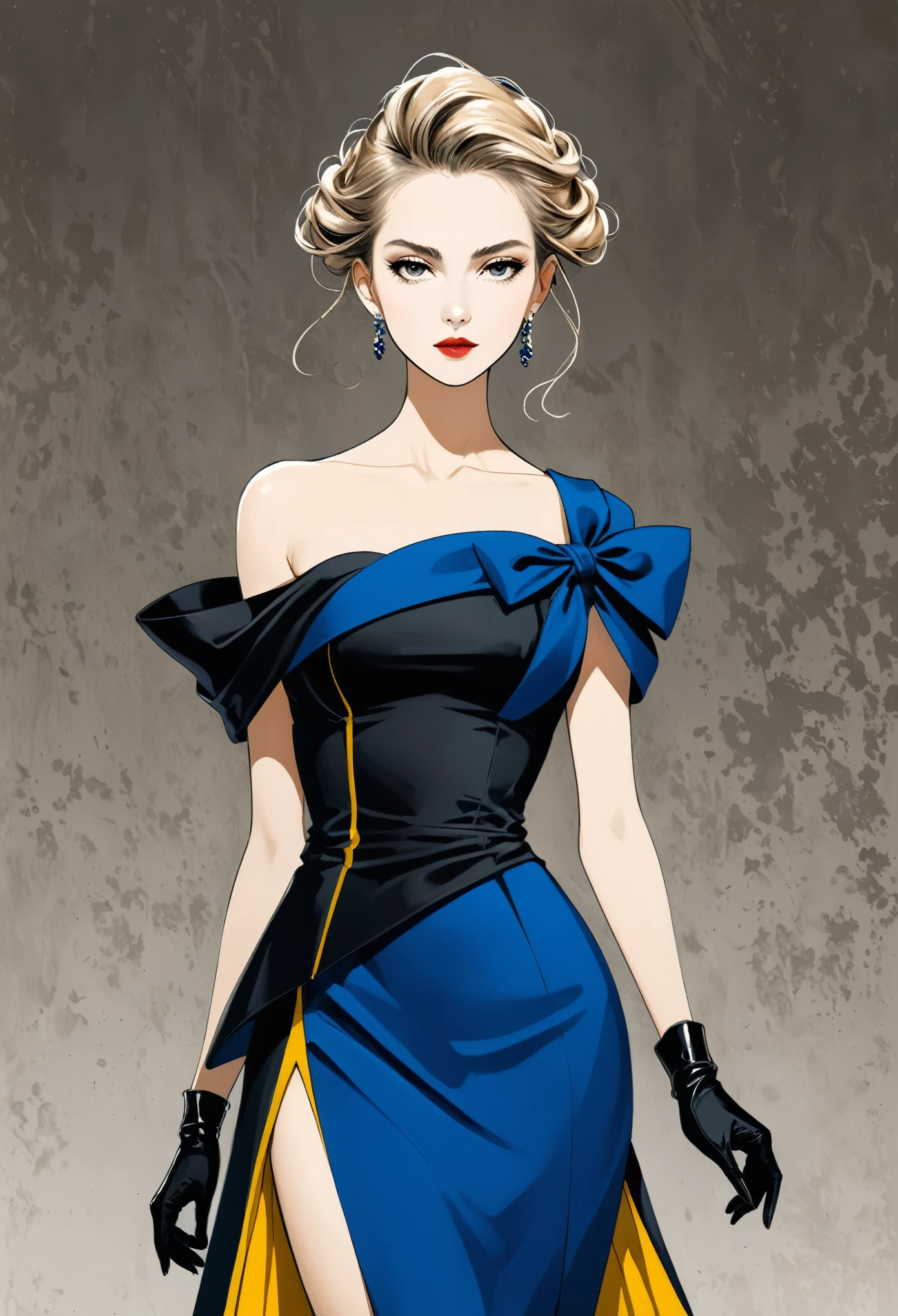 in style of Santiago Caruso,in style of Hans Hartung,in style of Carolina Herrera
1 girl,character concept design,(gravure_pose:1.3),noble,elegant bottom ,absurdres,{cowboy_shot:1.5},parcel shoulder micro top,Lively dynamic color matching,