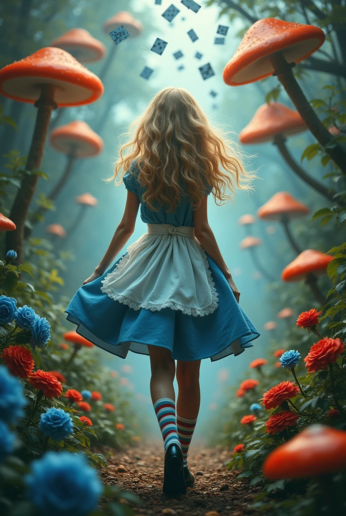 A movie poster, com uma de cabelos loiros e olhos blue, turned back, wearing a blue dress and a white apron, striped socks and black shoes, in a forest with giant mushrooms and red flowers, blue, roses and etc..
Also several playing cards falling from above