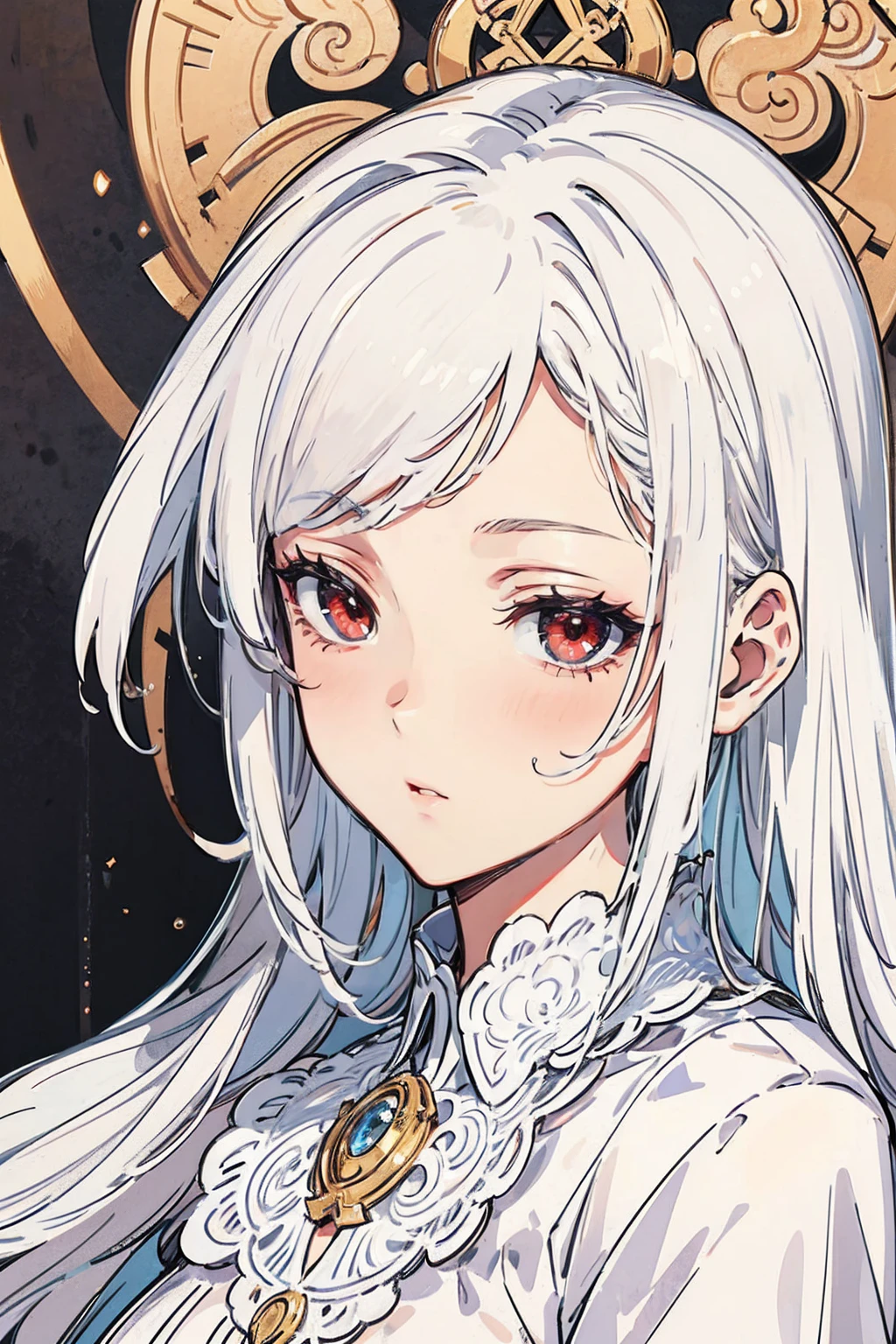 a small, petite girl with long white hair, red eyes, a lazy pose, and a sleepy expression, highly detailed portrait, photorealistic, 8k, best quality, (masterpiece:1.2), (realistic:1.37), hyper detailed, intricate details, beautiful detailed eyes, beautiful detailed lips, extremely detailed face, long eyelashes, intricate hairstyle, soft lighting, warm color tones, delicate skin, (ethereal:1.2), (dreamy:1.1), elegant, serene