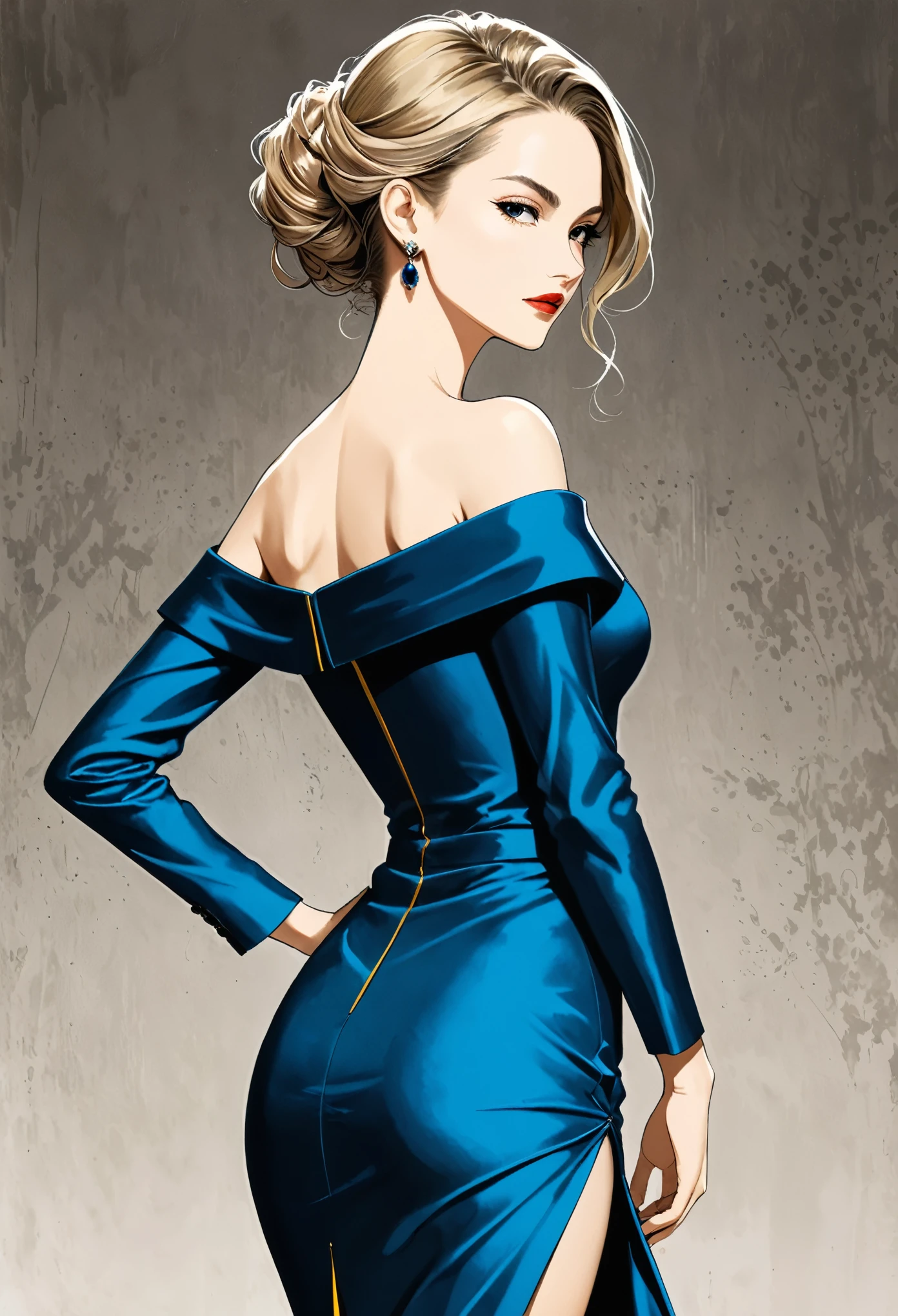 in style of Santiago Caruso,in style of Hans Hartung,in style of Carolina Herrera
1 girl,character concept design,(gravure_pose:1.3),noble,elegant bottom ,absurdres,{cowboy_shot:1.5},parcel shoulder micro top,Lively dynamic color matching,