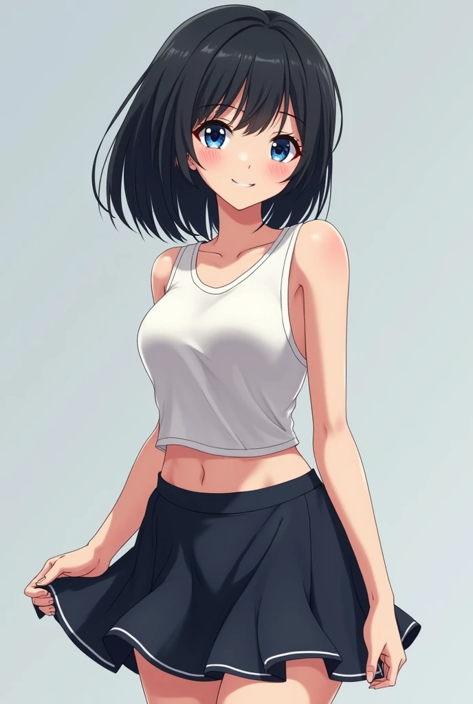 create an image of an anime woman with short completely black hair, blue eyes, wearing a skirt and with a very developed and mature body