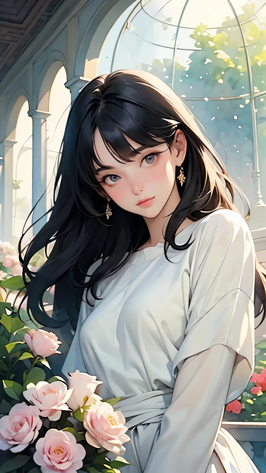 Very beautiful 17 year old girl, (whole body)、Beautiful and fair、Clear skin、Glowing Skin, bright, Refreshing and gentle look, Perfect beautiful face、Beautiful shiny bangs, Small breasts,((Sargent-style watercolor))、(Highest quality、masterpiece)、Soft Light、Indoor Botanical Garden、dome、(Lots of flowers)、Garden with fluttering petals、