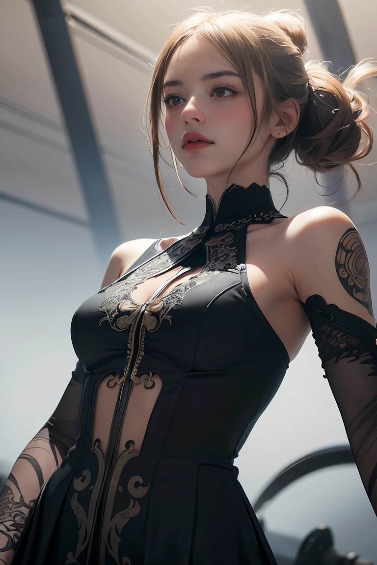 ((masterpiece, best quality)), ultra detailed 8k, photorealistic, sharp focus, highly detailed, professional lighting , shadowmancer, photo of a woman, ink particle, ((swirling black ink floating around)), futuristic fantasy, futuristic black dress, dynamic pose, realistic, masterpiece, intricate details, detailed background, depth of field, 