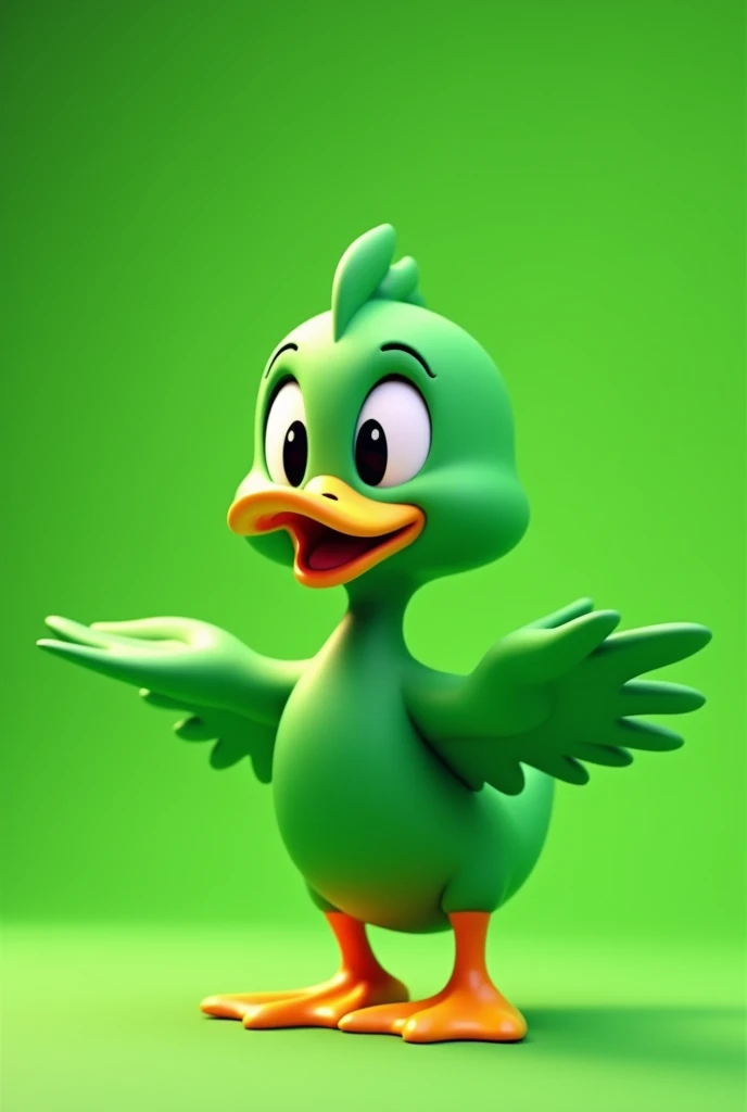 mama duck green head, happy, extending a wing to say hello, showing the full body in 3d in the style of disney full HD, full color green background