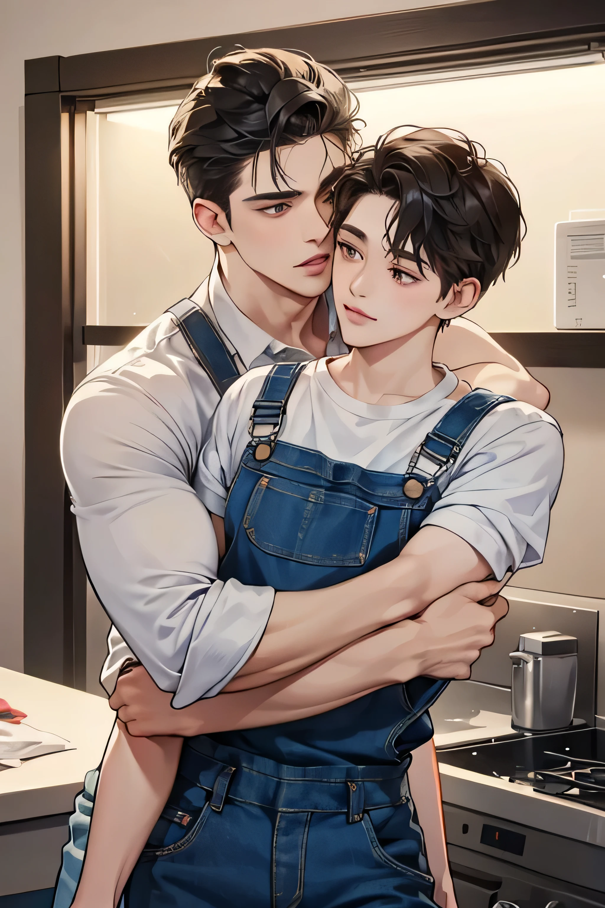A cute young man in overalls gets hugged by a handsome young man in a doctor&#39;s uniform.