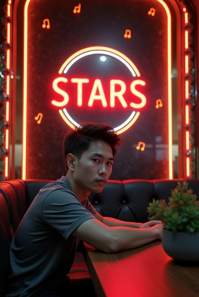Indonesian man stay at cafe ,short hair ,looks realistic,look to the audience, back wall of the room with round logo that says "STARS", embossed letters made of clear acrylic in red and white, glowing corners, black natural stone background, surrounded by neon lines and clear glass musical notes, outer frame with soft glowing carved lines, dark logo part, realistic intricate lighting, 8K, 4D, HDR, hyper realistic, cinematic lighting, real moon lighting from the top right