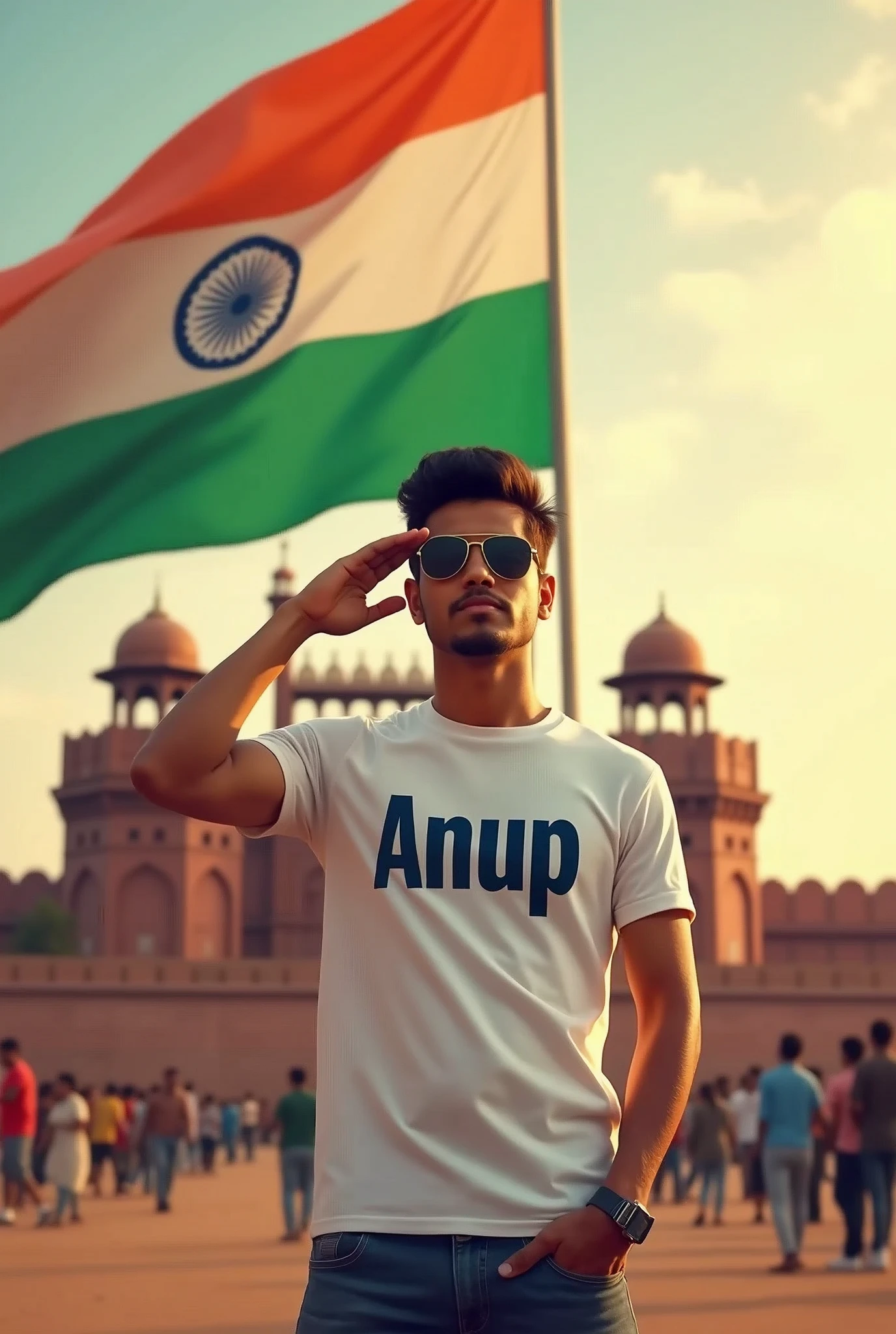 7TH PROMPT :- Create a realistic picture of an 18-year-old boy wearing a white t-shirt and blue jeans. He is saluting a big flying Indian flag, with the Red Fort in the background. The name “Anup
” is written on his t-shirt in bold letters, sunglasses. The overall image should have a divine background, reminiscent of Indian Republic Day, with people celebrating.