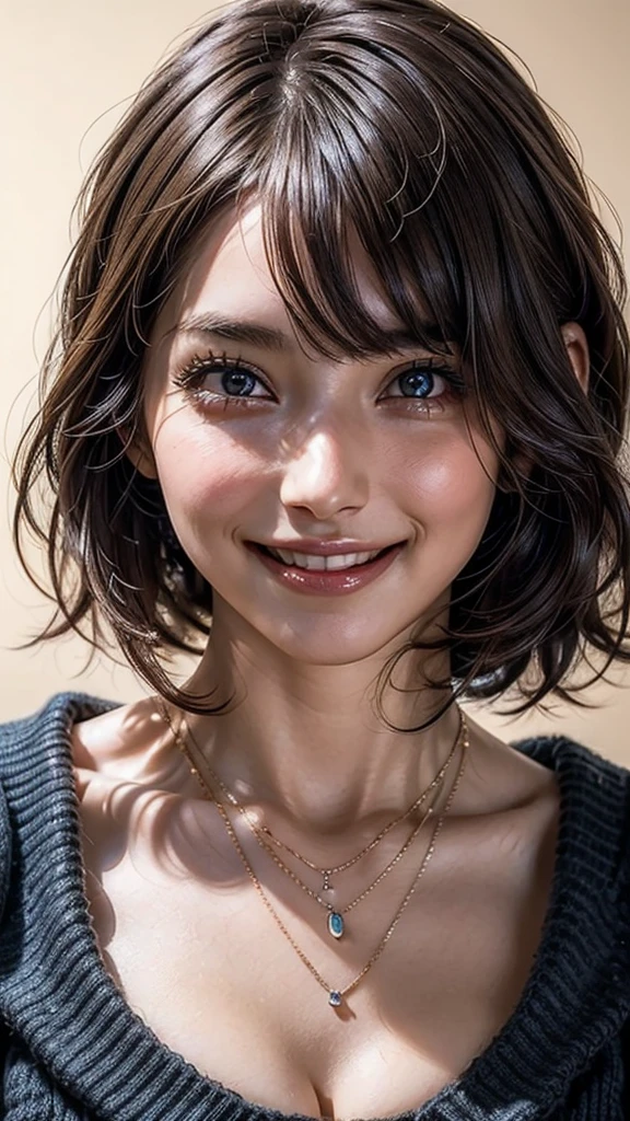 ((Beautiful Face:1.4)), (Purelos Face_v1: 1.0), (Highest quality, 8k, 32K, masterpiece, Ultra-high resolution:1.2),Beautiful Japanese Women Photos, Large Breasts, Very short bob hair,Upper Body,(Extra Large_sweater,:1.0) necklace, Simple Background, Look around,((Natural big breasts:1.0)),((smile))