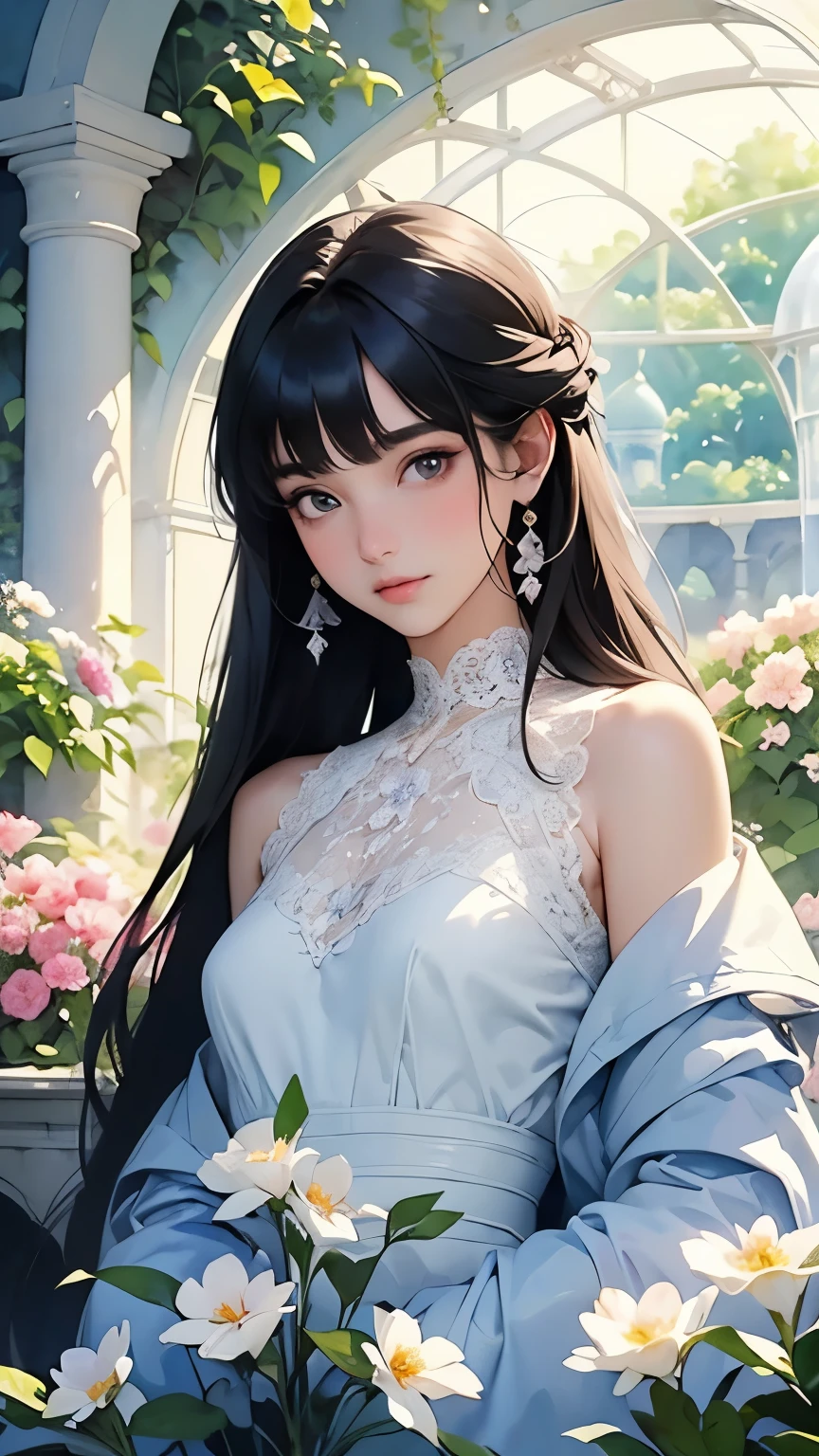 Very beautiful 17 year old girl, (whole body)、Beautiful and fair、Clear skin、Glowing Skin, bright, Refreshing and gentle look, Perfect beautiful face、Beautiful shiny bangs, Small breasts，Lace dress，See through，((Sargent-style watercolor))、(Highest quality、masterpiece)、Soft Light、Indoor Botanical Garden、dome、(Lots of flowers)、Garden with fluttering petals、