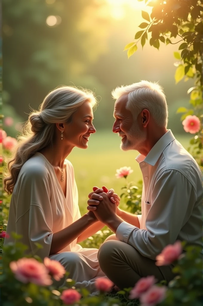 Man and woman sitting in the garden, opposite each other holding hands