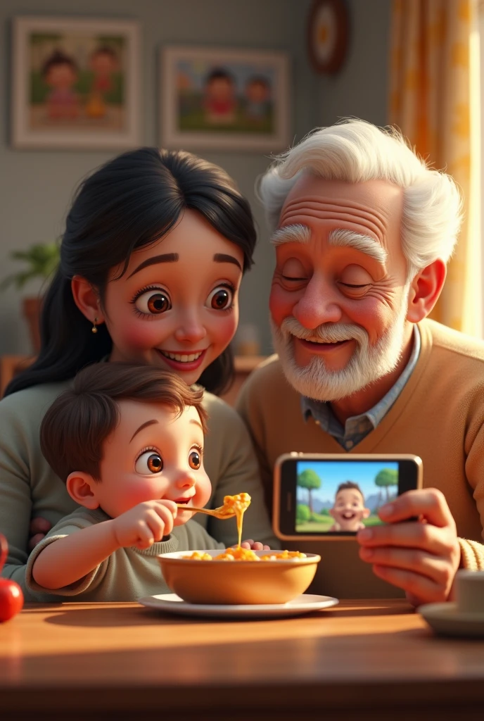 Mother giving food to 2 year old child and child watching cartoon on mobile.grandhather kerp monile phone on hand and child watching in room