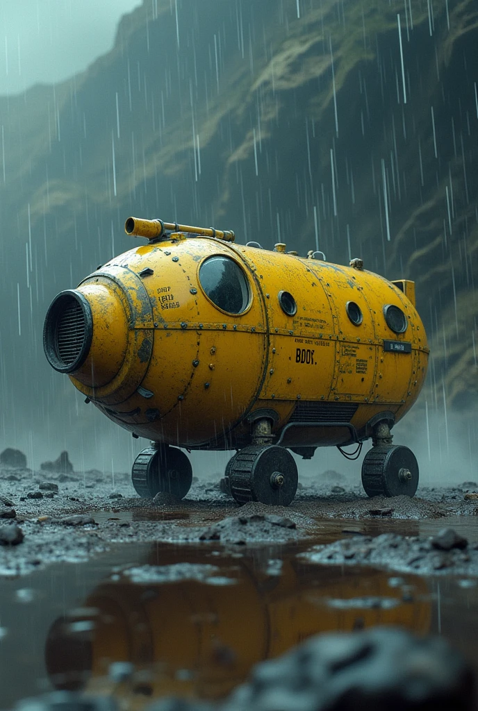 A small yellow spaceship landed on a planet,The size of a bus,Small box-shaped spaceship,The small spaceship gets soaked in the downpour,It's dark all around,The surface of the spacecraft is riveted,There is writing on it,The windows are small and round.,Landing gear,