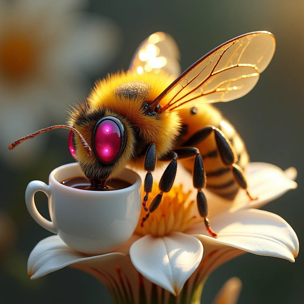 a futuristic fantasy image of a bee with bulging ruby diamond eyes, its several sapphire legs, golden wings, drinking its coffee in a cup on a jasmine flower, full HD, 16k