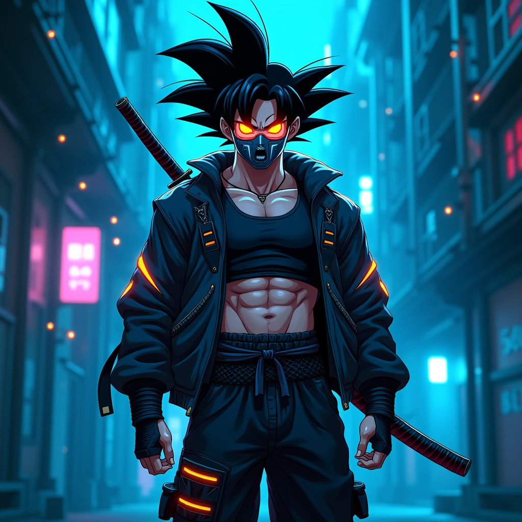 A photographic style of son Goku in  graffitipunk setting, standing frontally in the center. He  has spiky black hair and a high-tech mask with orange neon lights. His  attire includes a black cropped top with neon blue highlights, a black jacket with straps, fishnet details on the waist, and black pants with protective gear. A katana is slung across her back. The urban background is illuminated with blue-tinted light, featuring vertical structures and hanging wires, with small glowing lights floating around. Created Using: cyberpunk aesthetics, high-resolution camera, intricate detailing, neon lighting, urban textures, high contrast, dystopian vibe, soft shadows, hd quality, vivid style