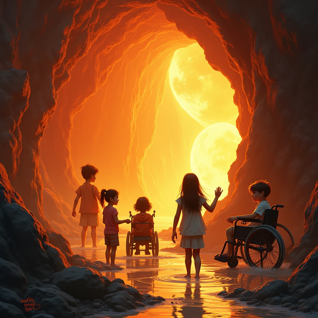 The children navigating the glowing Fiery Cavern, a spirited young girl from the Sunstone Tribe controlling flames, a calm and wise boy from the Moonshadow Clan creating water bridges, a young girl from the Sky wind Nomads talking to fire creatures, A young boy from the Earthbound Village moving rocks, and a young girl in a wheelchair from the Starflower Meadows, inventing tools.