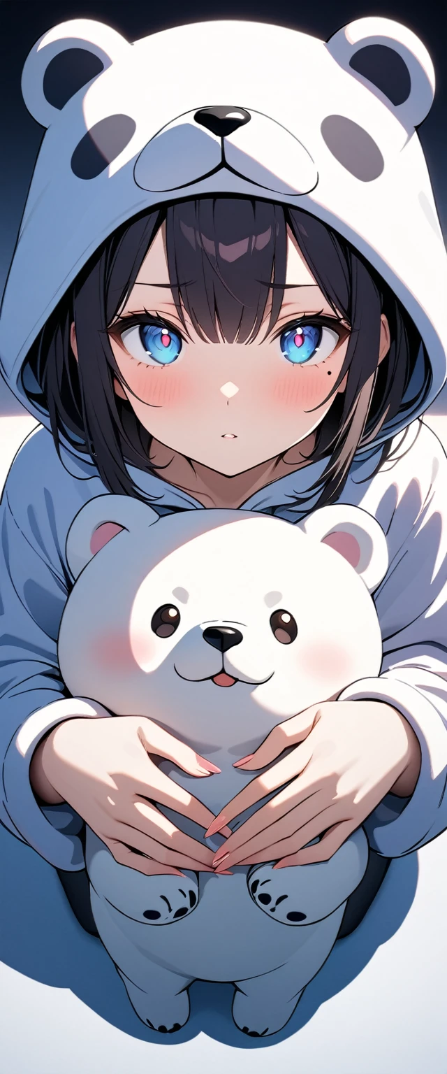 (Highest quality),(masterpiece), 8k,Very detailed, Detailed light, Best Shadow,Detailed reflective eyes, Very detailedな顔,Shiny Hair,(1 girl:1.2),woman,Gloss,Black Hair,Watery eye,Beautiful fingers,Beautiful Hands,whole body,blue eyes,(Medium length hair:1.2),thin,Mole under the eye,Polar bear costume,(Stuffed polar bear:1.2),(大きいStuffed polar bear:1.2),Hug a stuffed animal,