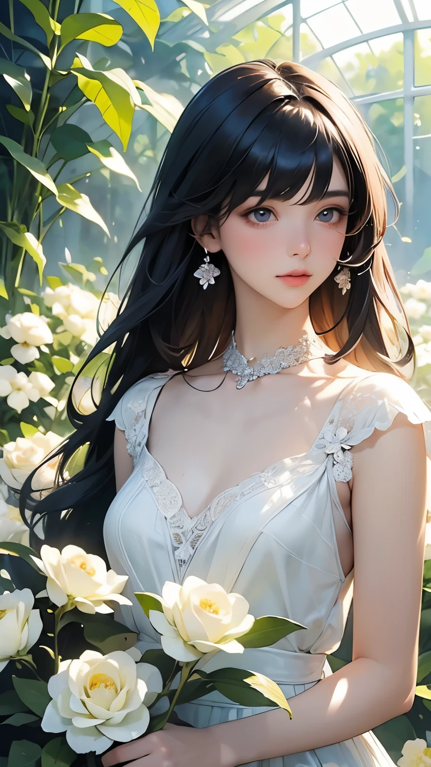 Very beautiful  girl, (whole body)、Beautiful and fair、Clear skin、Glowing Skin, bright, Refreshing and gentle look, Perfect beautiful face、Beautiful shiny bangs, Small breasts，Lace dress，See through，Soft Light、Indoor Botanical Garden、dome、(Lots of flowers)、Garden with fluttering petals、((Sargent-style watercolor))、(Highest quality, masterpiece, High resolution)、8K Art、wallpaper、