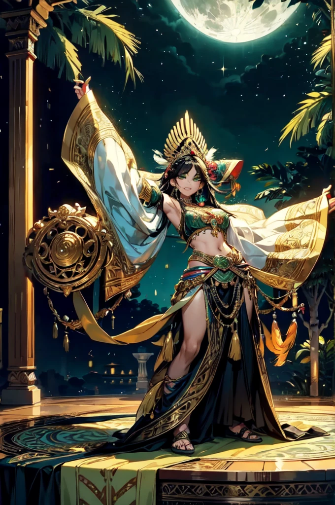 a close up of a person in a dress and headdress, wearing an elegant tribal outfit, wearing an ornate outfit, dress made of feathers, beautiful costume, in costume, exotic costumes, wearing a dress made of beads, in a fancy elaborate dress, wearing authentic attire, aztec queen, elaborate costume, authentic costume, traditional costume, wearing a feather dress, traditional dress, anime style, indonesia traditional clothing, black tight clothing, golden jewlery, lots of feather on head, plants and flowers on head, black dress, traditional clothing, indonesian, dark skin, light smile, green eyes, (green eyes:1.3), (black hair: 1.2), tilted head, bornfire, night time, moon light, coconut trees, lots of food on table, traditional festival, dancing, arms up, belly dance, half closed eyes, highly detailed, every strand of hair visible, silvaute, wrinkles on clothes, messy hair, very very very detailed hair