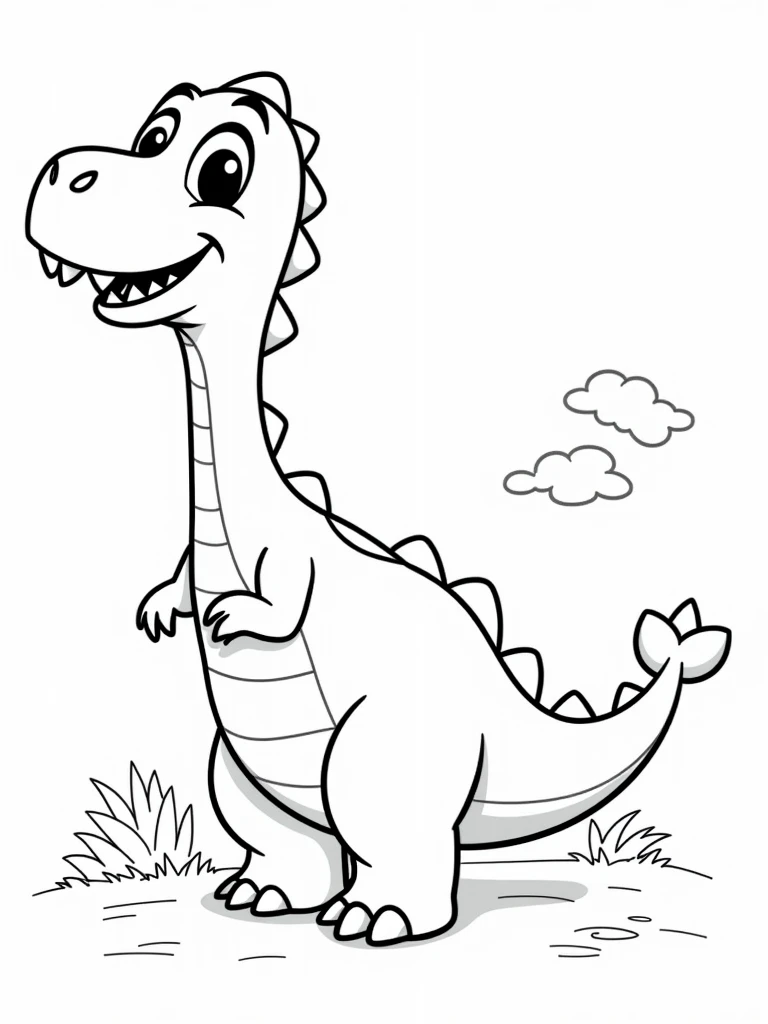 b&w lineart dinosaur disney style happy, minimalist style, park background, full body, picture, coloring book style on white background, well composed, clean coloring book page, No dither, no gradient, strong outline, No fill, No solids, vector illustration