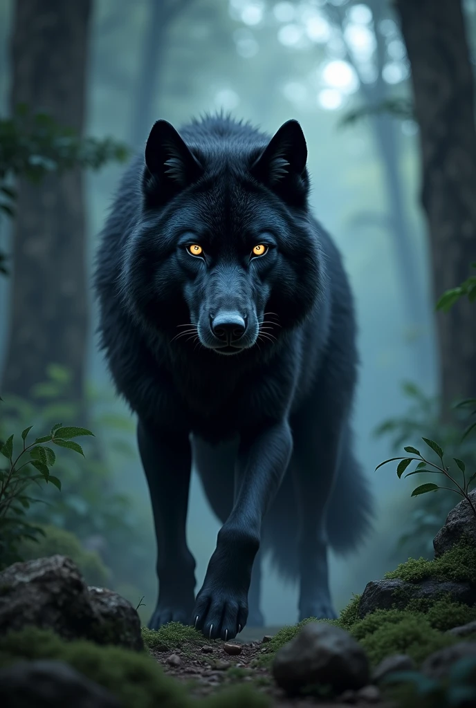 A black wolf in the forest with black eyes and star-like pupils