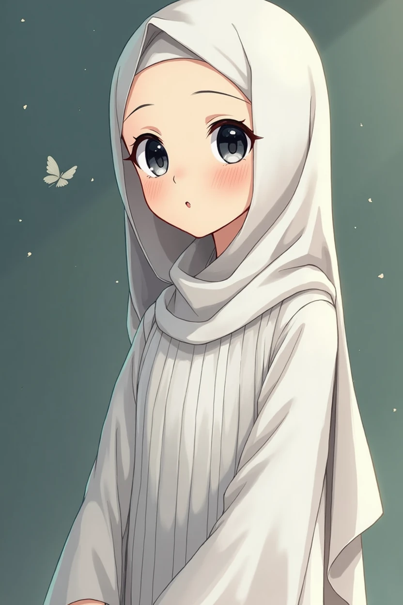 A anime princess having black eye and wearing long white dress with hijab