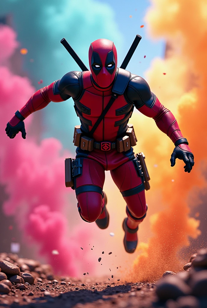 Dedpool jumping and background full of colors and illumination and color powder in background. Full colourfull smoke and spark