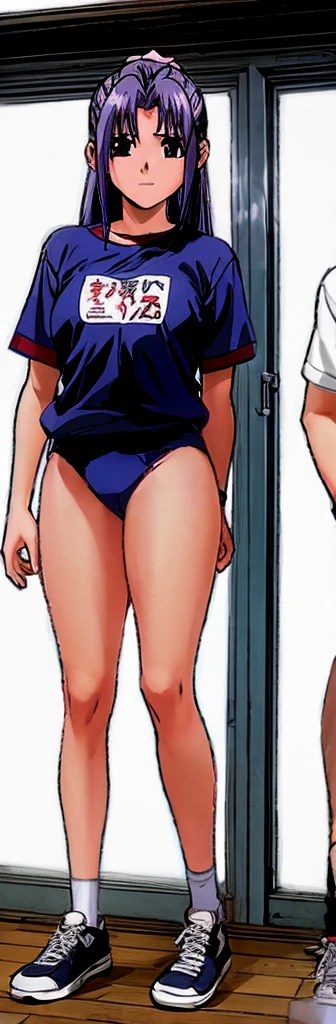 Momoko Koigakubo, a tall girl with beautiful legs, is wearing white gym clothes and light navy blue bloomers that look like panties, and is standing with her legs spread apart with a smile.。Momoko Koigakubo is holding a girl in gym clothes。