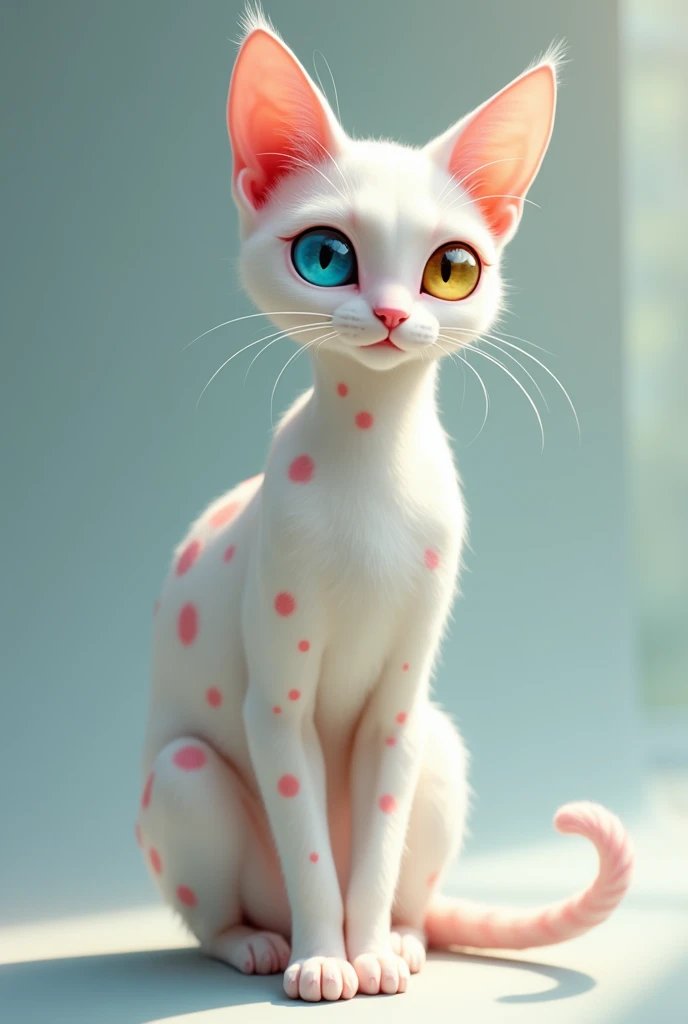 Image of a slim cat with white spots and blue and yellow heterochromatic eyes