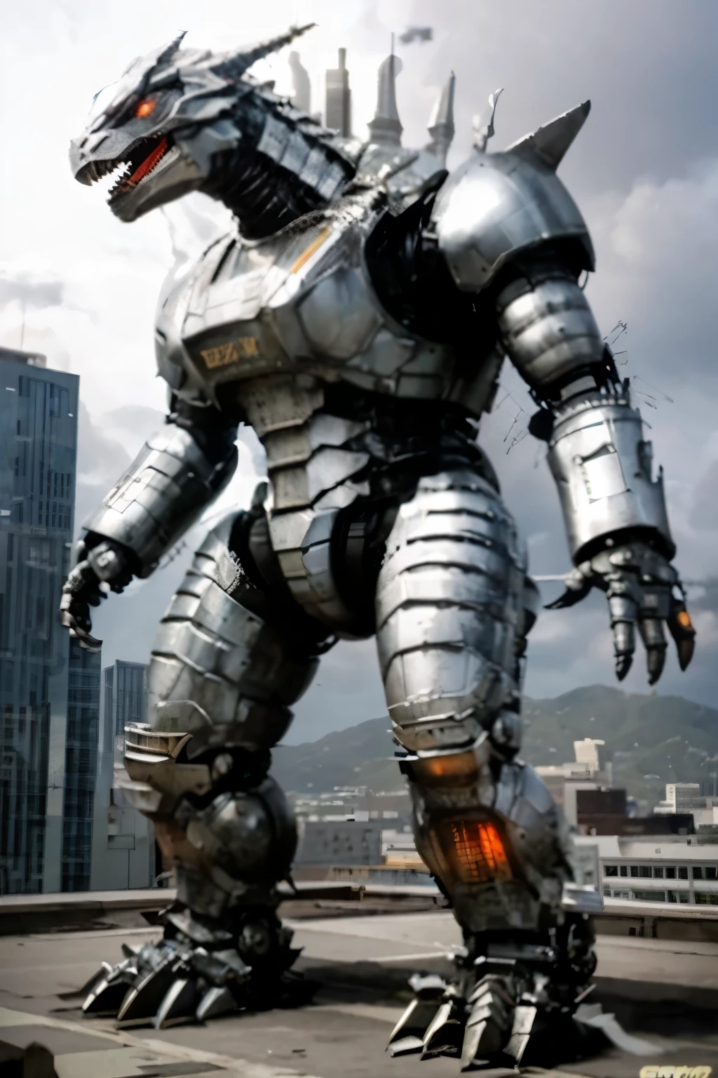 Godzilla standing on a roof with a city in the background, Mechagodzilla, Amazing mechanical robot, manatee shaped mechanism, wears a power armor suit, giant chrome man, Giant Robot, metal robot armor, big robot, Futuristic robot devil, mechanical suit, godzilla vs Mechagodzilla, from the Pacific region