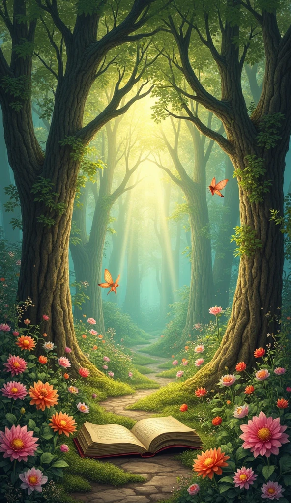 Old magic book, Torn page of a magical forest with colorful flowers, Fairies and Light

