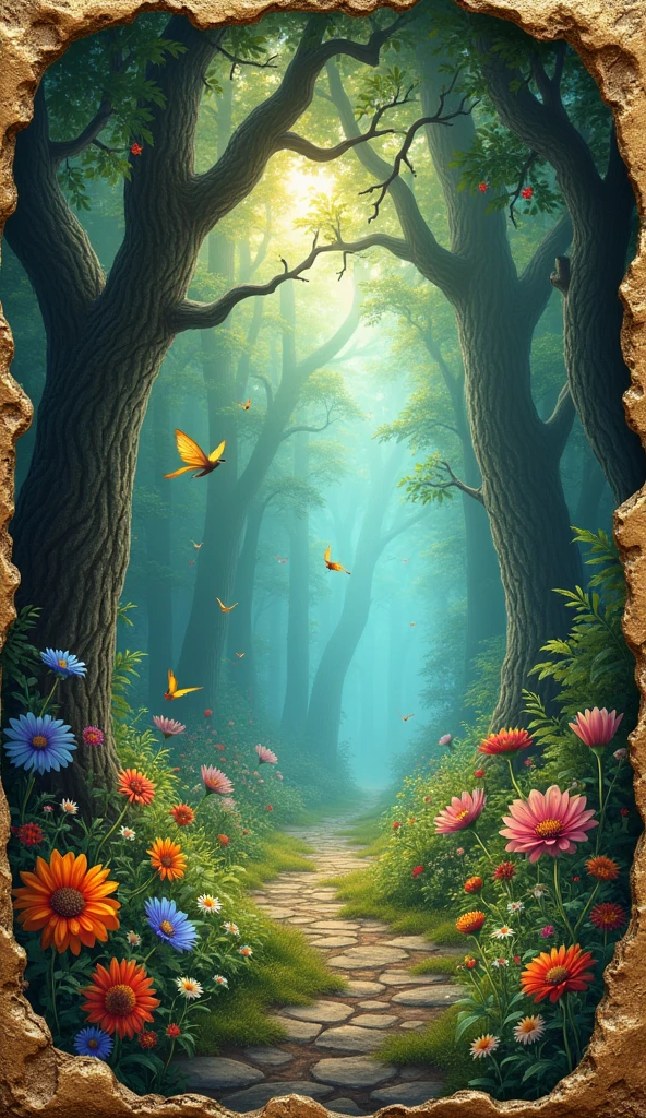Old magic book, Torn page of a magical forest with colorful flowers, Fairies and Light
