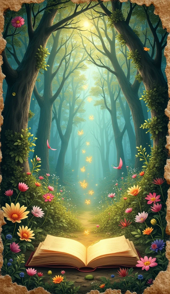Old magic book, Torn page of a magical forest with colorful flowers, Fairies and Light