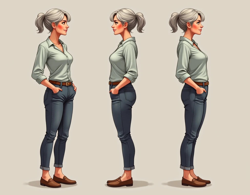 reference image, multiple views, full body, 55 years old female, pretty older female, slim fit thick pretty female, side view, front view, profile view, frontal view, hyperrealism, photorealistic visual novel character, main love interest from the much younger male lead,