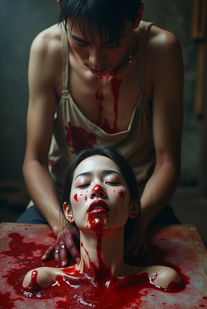 Human head being traded in a traditional market, on a top of table, human trafficking, bleeding, woman's head, open mouth, ((eyes closed)), bleeding, photorealistic, 4K, Nikon, horror, public market, beautiful asian face, Crazy, horror, -yeld manaked with an apron full of blood, is behind a seated, bloody woman. The man has a machete,