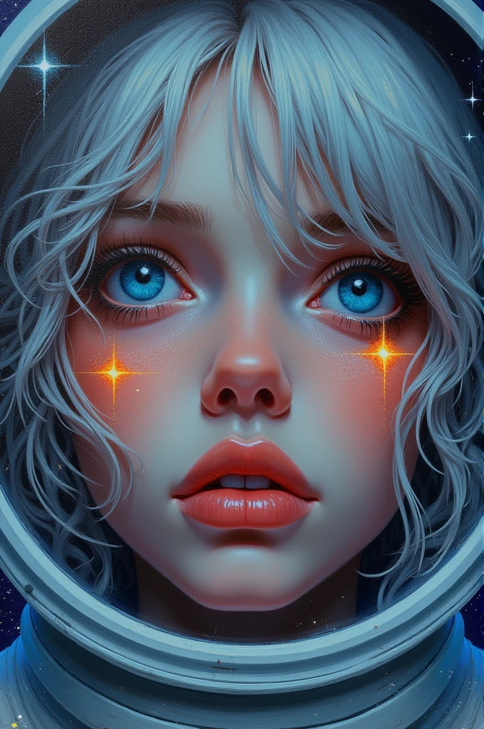 (Close-up of a better masterpiece:1.5)0.9], (Space and astronauts:1.2) (Messy silver hair:1.1) (Heterochromia xanthochromia and blue eyes:1.2) (Space Helmet:1.0) (Colored stars in the eyes:1.0) (A radiant glow:1.1) (thick lips:0.9)