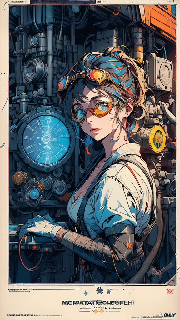 (((masterpiece, highest quality))),(((solo:1.2))),(((1girl:1.2))),32k wallpaper, very detailed, poster, vintage science fiction,(((((geometric cinematic movie poster))))), (bauhaus), shape,(((abstract))),(mid century modern),movie poster,(((((portfolio))))),(((((Close-up))))),(((((bust up))))),((((more various angle)))),(((highlight))),Vast landscape,((((heterochromia)))),(((complete. detailed face))),(((Extremely talented))),(((((most complecated machine))))),Colorful color scheme,(Cleavage),(((((unlimited mechanic Workaholic))))),(((((Work goggles)))))
