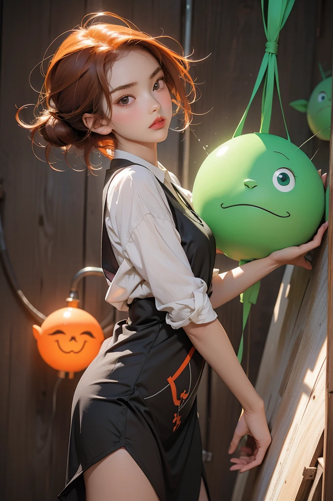 concept art, overhead angle of a Will-o'-the-wisp, wearing Funny Somali Emerald deep orange Pinafore, Caramel hair styled as Short hair, fluorescent purple Hair tie, equirectangular 360, Highres,  [(art by Willi Baumeister:1.1), (art by John T. Biggers:1.2)::17], official art, unity 8k wallpaper, ultra detailed, aesthetic, masterpiece, best quality, photorealistic