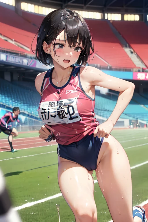 NSFW、very cute and beautiful girl,Very thin body、Model body type、(Highly detailed beautiful face), (((全身にSweatをかく))),(((Sweat)))、(((Sweat臭い)))、(((Body odor)))、blush,((Black Hair、short hair、Pink highlights on the inside)),((Gal、Medium chest)),((Track and field athlete))、((Low Angle、Dynamic Angle)),  (Highest quality,masterpiece:1.0),Very detailed,32K,8k resolution, Intricate details,Movie Scenes,Detailed Background,Dynamic Angle,(((Love juice drips from the crotch)))、(Athletics Stadium)、(((100m walk、Run at full speed、Sprinting)))、Serious expression、((((The vagina is completely visible))))、(((Not wearing)))