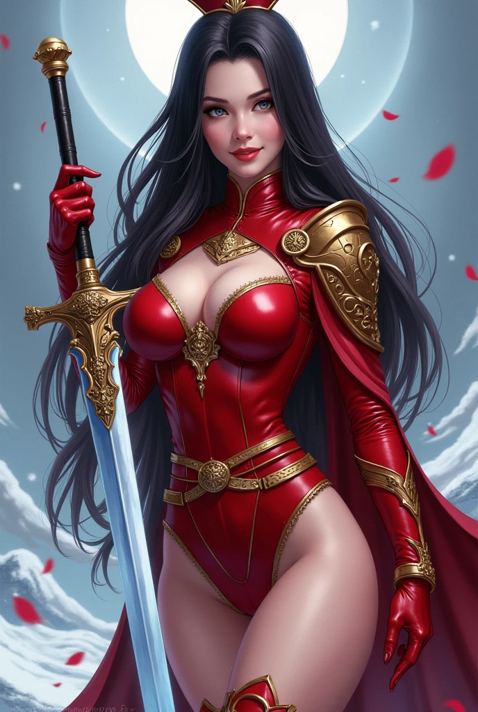 Oriental Beauty,Sailor Beauty,Royal sister style,Pampering beauty,Red tight leather armor,Leather shorts,Tall,Sexy body,Holding an ice sword,Long hair,Realistic style