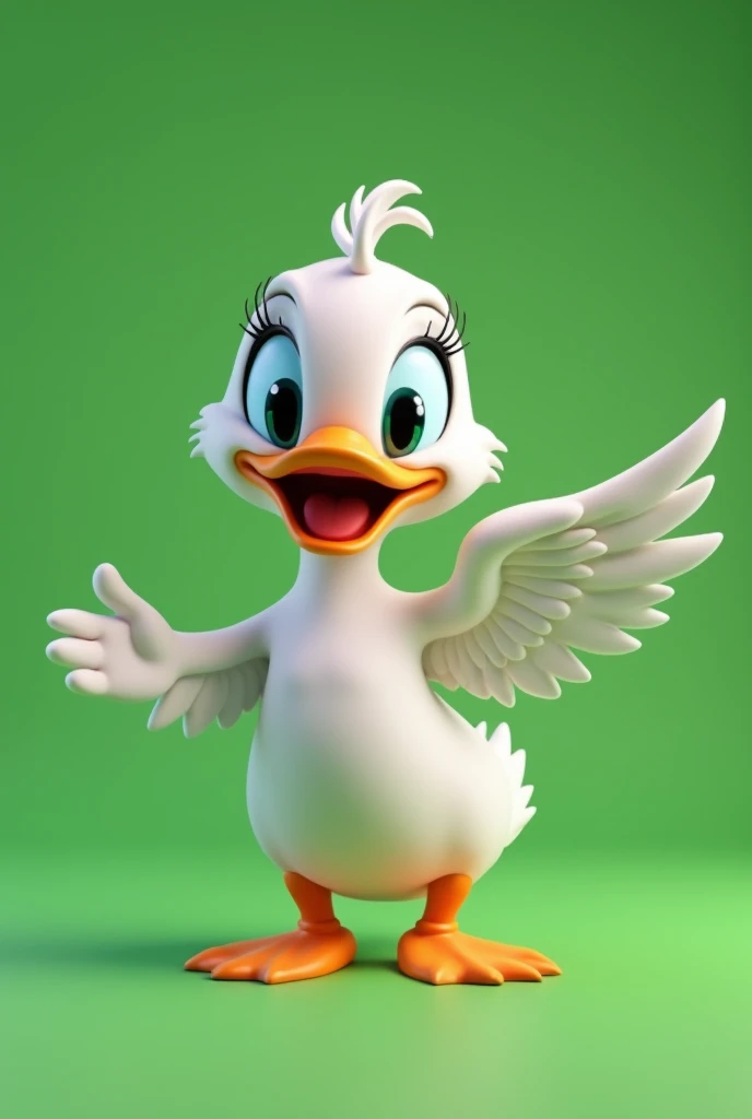 adult mama duck realistic, happy, extending a wing to say hello, showing the full body in 3d in the style of disney full HD, full color green background