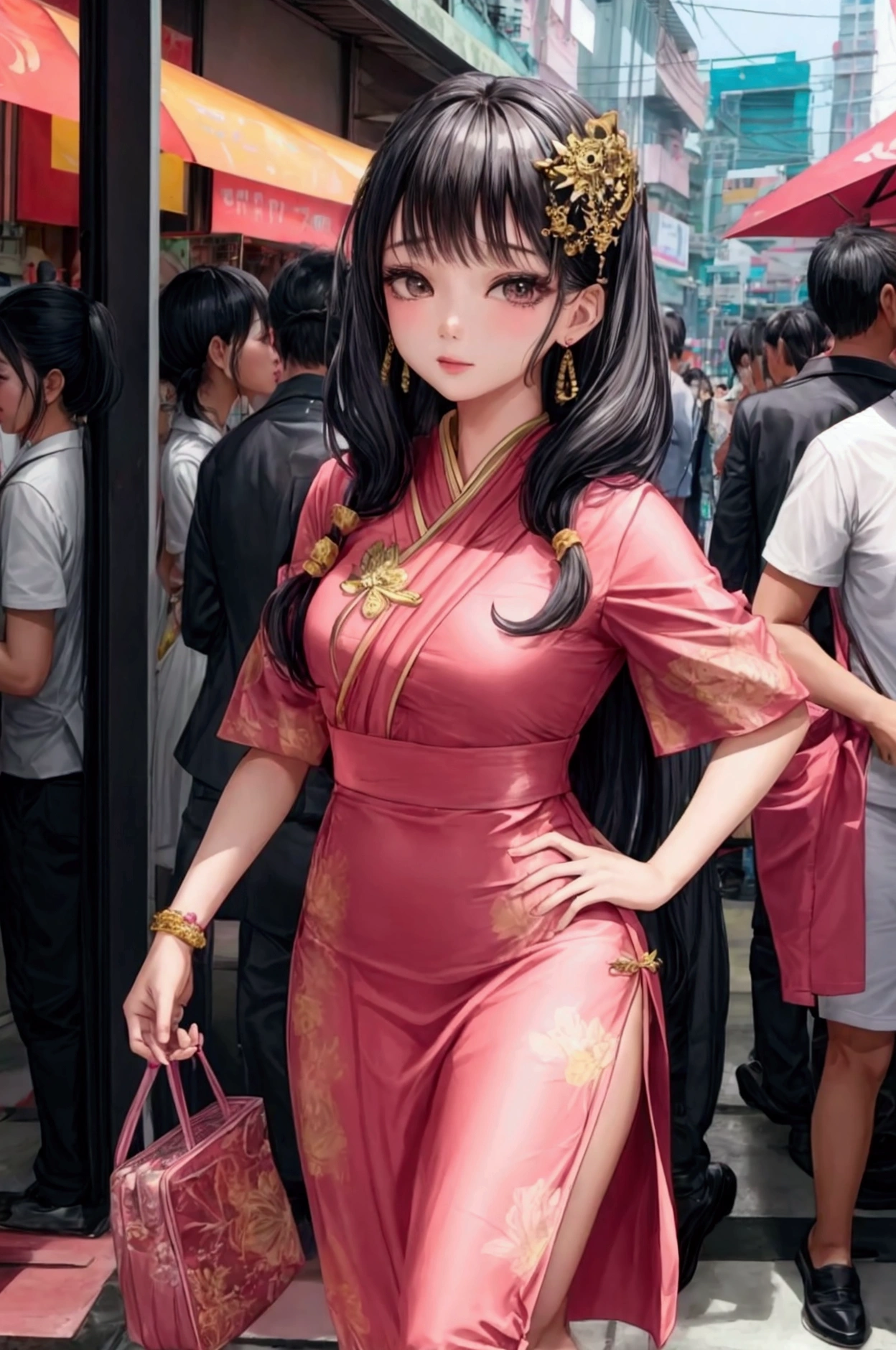 1 girl , look like lisa blackpink, thai dress, in bangkok city thailand