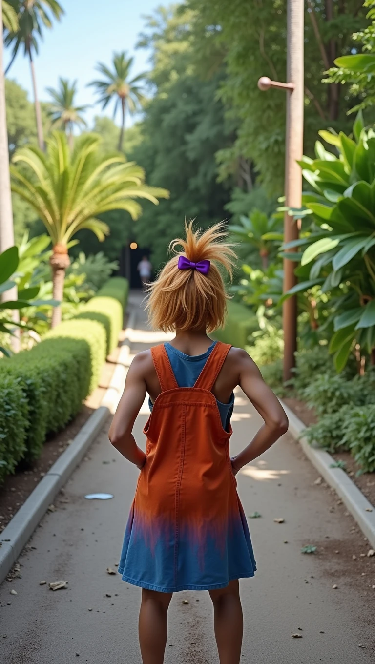 Manconcept art, overhead angle of a Will-o'-the-wisp, wearing Funny Somali Emerald deep orange Pinafore, Caramel hair styled as Short hair, fluorescent purple Hair tie, equirectangular 360, Highres, [(art by Willi Baumeister:1.1), (art by John T. Biggers:1.2)::17], official art, unity 8k wallpaper, ultra detailed, aesthetic, masterpiece, best quality, photorealistic