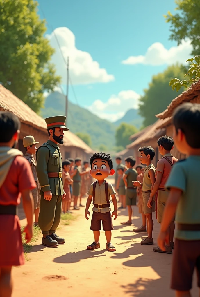 In cinematic 3d cartoon styl,, सैनिक गाँव में आते हैं और सभी युवकों को युद्ध के लिए ले जाते हैं। किसान का बेटा अपनी टूटी टांग के कारण बच जाता है। गाँव वाले खुश हैं और किसान शांत है।