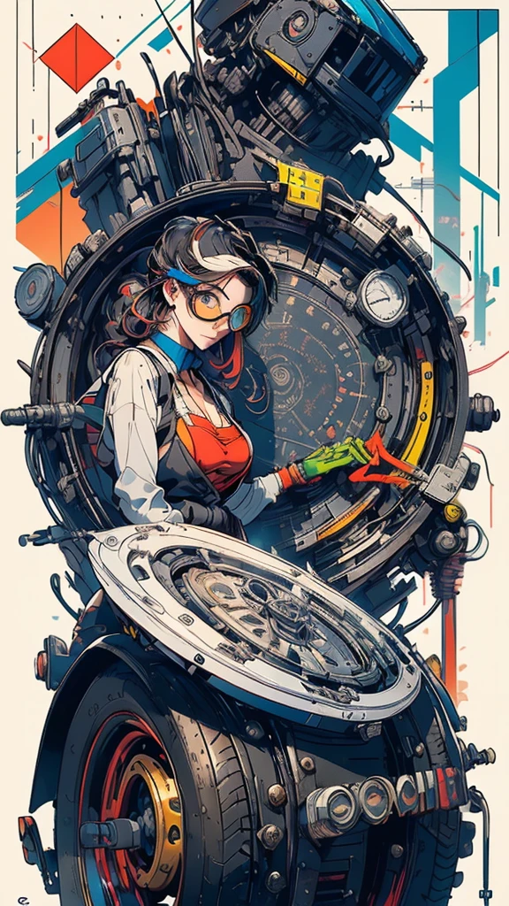 (((masterpiece, highest quality))),(((solo:1.2))),(((1girl:1.2))),32k wallpaper, very detailed, poster, vintage science fiction,(((((geometric cinematic movie poster))))), (bauhaus), shape,(((abstract))),(mid century modern),movie poster,(((((portfolio))))),(((((Close-up))))),(((((bust up))))),((((more various angle)))),(((highlight))),Vast landscape,((((heterochromia)))),(((complete. detailed face))),(((Extremely talented))),(((((most complecated machine))))),Colorful color scheme,(Cleavage),(((((unlimited mechanic Workaholic))))),(((((stylish work goggle)))))