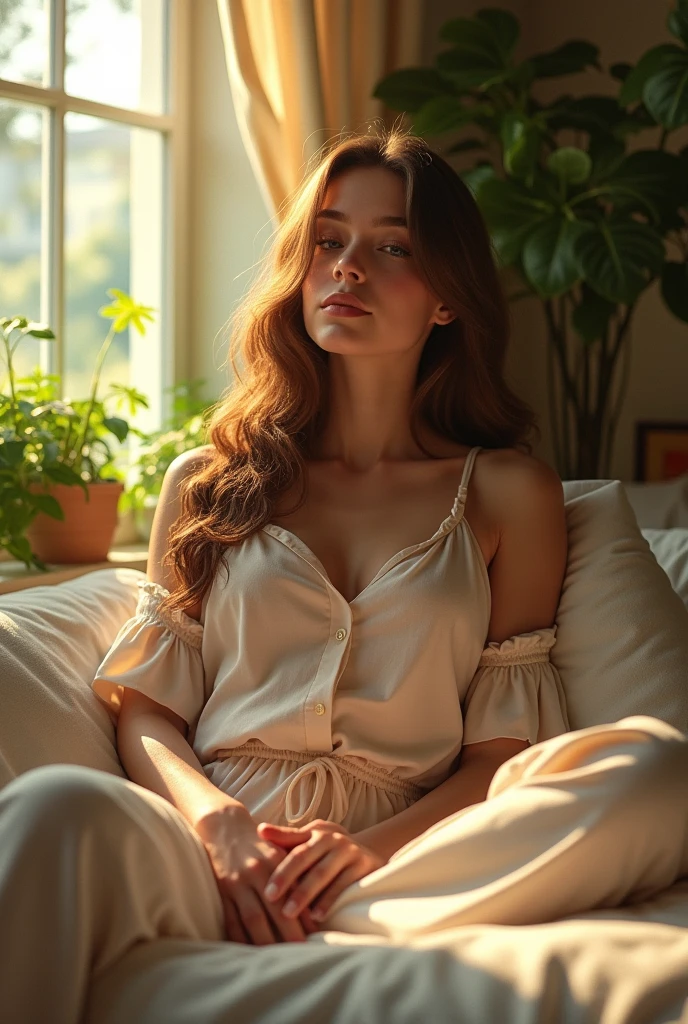 (photorealism:1.2), beautiful woman, sitting on bed, wearing loose off-shoulder top, pajama pants, long curly hair, indoors, soft lighting, plants in background, window with sunlight, cozy room, relaxed pose, realistic, intricate details, warm colors, by Greg Rutkowski, by Alphonse Mucha
